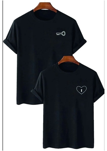 T-Shirt Sevgili Çift Kombini Siyah Oversize Baskılı Bisiklet Yaka Pelna