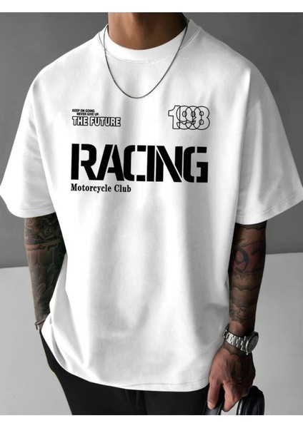Motorcu Yarış Klubü Baskılı Oversize Kısa Kollu Tshirt