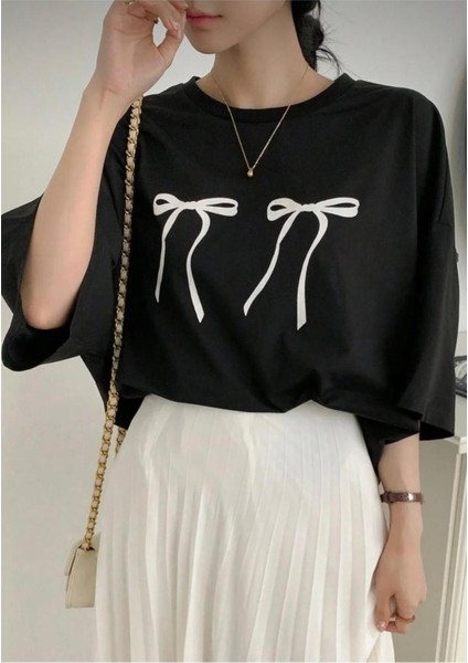 Y2K Harajuku Bow Fiyonk Detay Oversize Streetwear Pamuklu Yumuşak Siyah T-Shirt