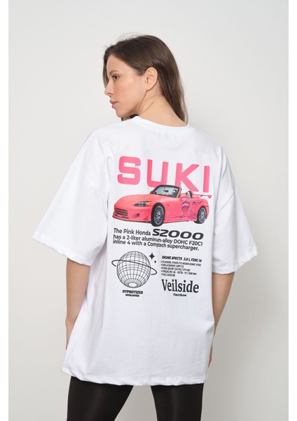 Suki Bullet Skyline S2000 Sırt Baskılı Couple Oversize Tişört Beyaz