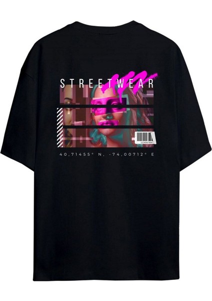 Street Wear Sırt ve Ön Baskılı %100 Pamuk Oversize Siyah T-Shirt