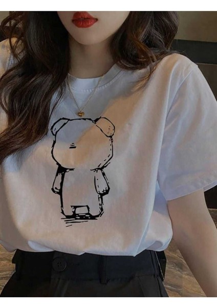 Beyaz Go Ayıcık Baskılı Oversize T-Shirt