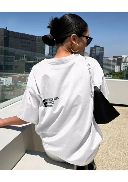 Beyaz Cherısh Time Effect Sırt Baskılı Oversize Tshirt