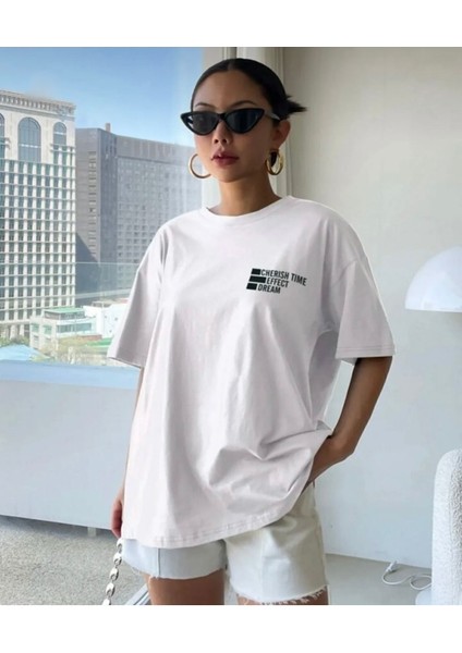 Beyaz Cherısh Time Effect Sırt Baskılı Oversize Tshirt fiyatları