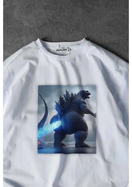 Osuran Godzilla Baskılı Oversize Beyaz Tişört