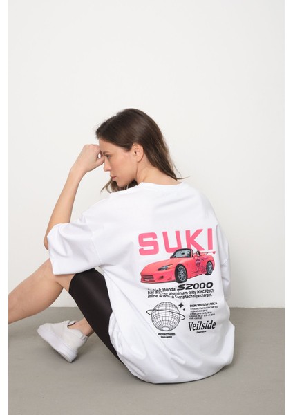 Suki Bullet Skyline S2000 Sırt Baskılı Couple Oversize Tişört Beyaz modelleri