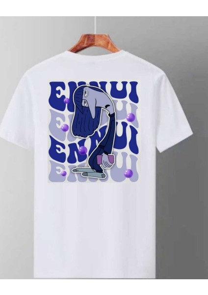 Beyaz Ters Yüz Karakterleri Ön Arka Baskılı Oversize Unisex Tshirt