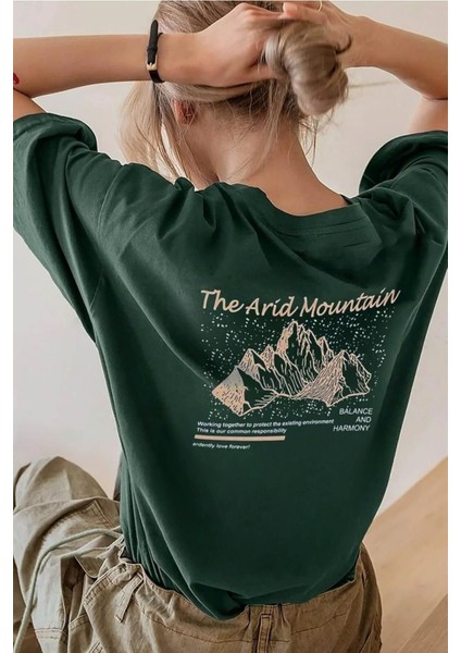 Kadın Nefti Yeşili Arid Mountain Baskılı Oversize T-Shirt