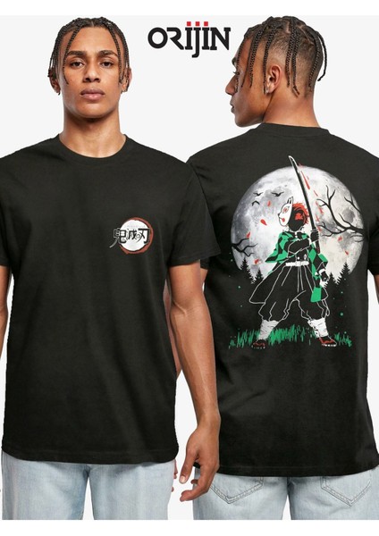 Demon Slayer Tanjiro Kamado Dolunay Anime Ön Arka Baskılı Siyah Tshirt