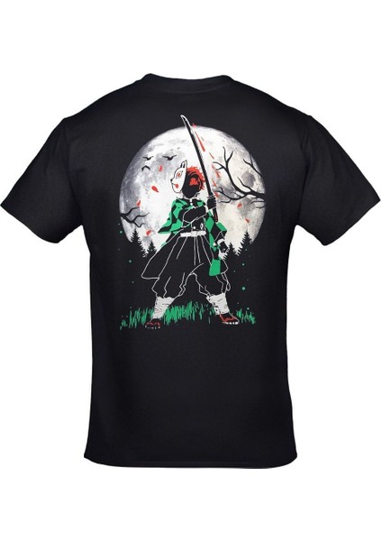 Demon Slayer Tanjiro Kamado Dolunay Anime Ön Arka Baskılı Siyah Tshirt modelleri