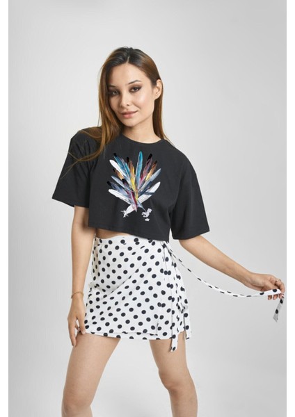 Griland Kadın Siyah You Want Baskılı Oversize Crop Top