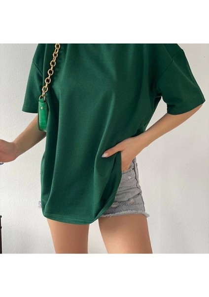 Yeşil Bisiklet Yaka Pamuk Oversize Boyfriend T-Shirt