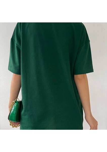 Yeşil Bisiklet Yaka Pamuk Oversize Boyfriend T-Shirt fırsatları