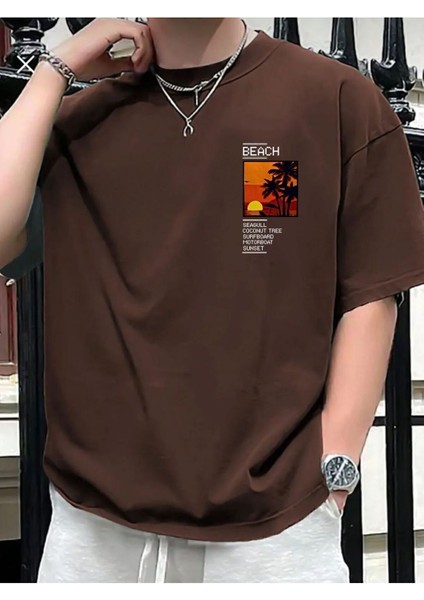 Göğüs Beach Baskılı Oversize Erkek T-Shirt