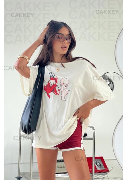 Melek ve Şeytan Baskılı Oversize T-Shirt