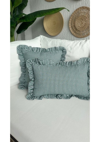 Pamuk Keten Yeşil Mini Pötikare Fırfırlı Kırlent Kılıfı 1 Ad