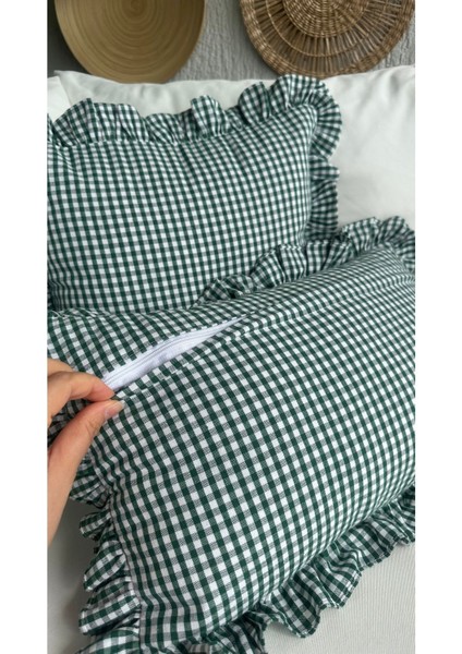 Pamuk Keten Yeşil Mini Pötikare Fırfırlı Kırlent Kılıfı 1 Ad indirimleri