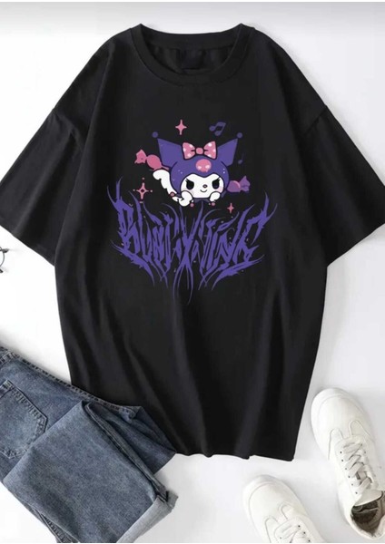 Japon Karakter Kuromi Baskılı Oversize Rahat Kalıp Tshirt