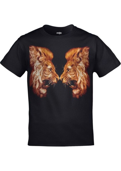 Iki Aslan Baskılı Siyah Tshirt