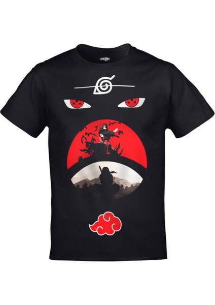 Naruto Itachi Uchiha Sasuke Baskılı Siyah Tshirt