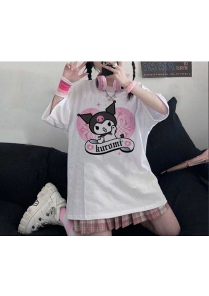 Japon Karakter Kuromi Baskılı Oversize Rahat Kalıp Tshirt