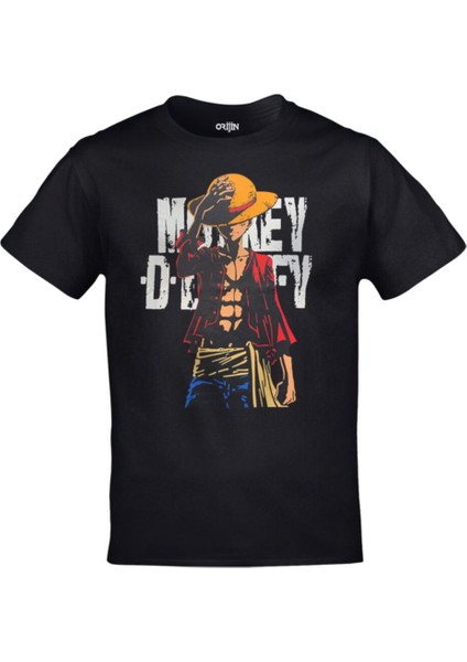 Unisex Siyah One Piece Monkey D. Luffy Arka Yazılı Baskılı Tshirt