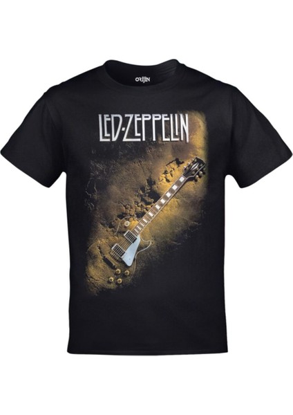 Siyah LED Zeppelin Gitar Baskılı Tshirt