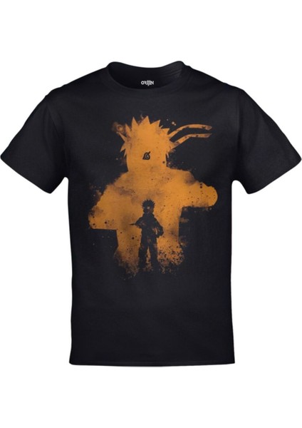Naruto Sarı Silüet Baskılı Siyah Tshirt
