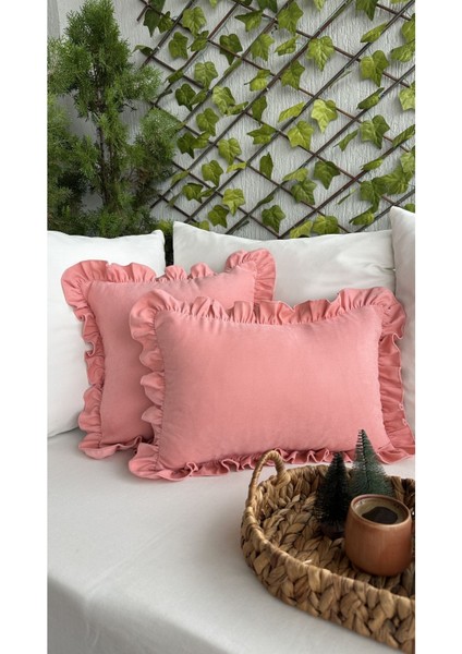 Vintage Fırfırlı Şeker Pembe Kırlent Kılıfı 1AD