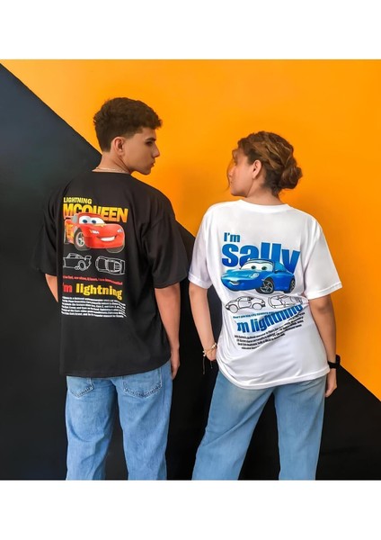 Unisex Şimşek Mcqueen- Sally Cars Sevgili Çift Kombini Oversize T-Shirt 2'li Takım