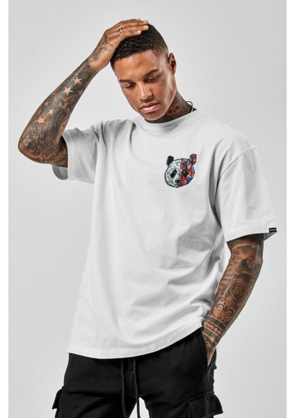 Oversize Panda Baskılı Beyaz Tshirt