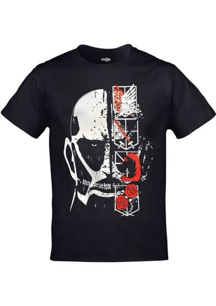Attack On Titan Shingeki No Kyojin Dev ve Logolar Baskılı Unisex Siyah Tshirt