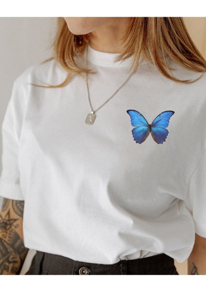 Blue Butterfly Baskılı Oversize Pamuk Penye Kumaş Beyaz Tshirt
