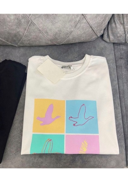 Kadın Önü Kuş Detaylı Beyaz Tshirt %100 Pamuklu Bisiklet Yaka Kuşlu Tshirt fiyatları