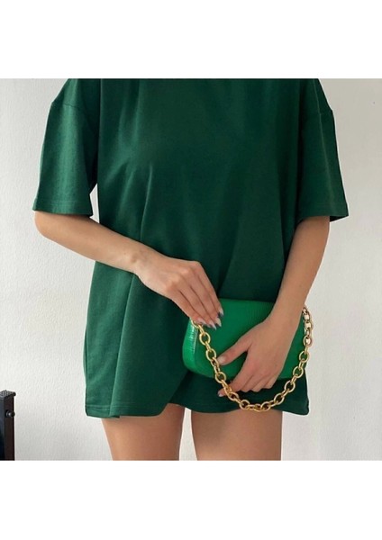 Yeşil Bisiklet Yaka Pamuk Oversize Boyfriend T-Shirt fiyatları