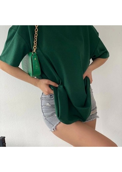 Yeşil Bisiklet Yaka Pamuk Oversize Boyfriend T-Shirt modelleri