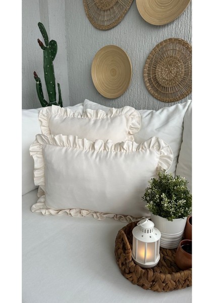 Vintage Fırfırlı Ekru Açık Krem Kırlent Kılıfı 1AD