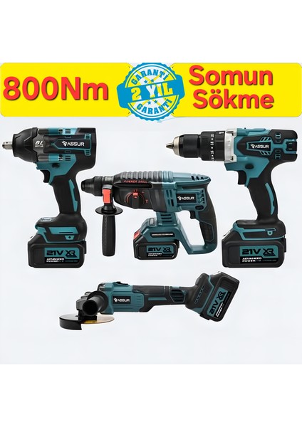 Assur Profesyonel 4'lü Set Şarjlı Delici Kırıcı Hilti 2-26+125MM TAŞLAMA+800NM Somun SÖKME+13MM Darbeli Matkap Mavi