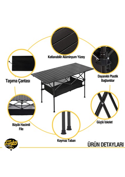 Funky Chaırs Family Large Katlanabilir Alüminyum Kamp Masası (95X55X68CM) - Siyah