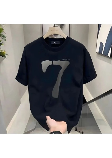 7 Sports Baskılı Siyah Erkek Oversize T-Shirt