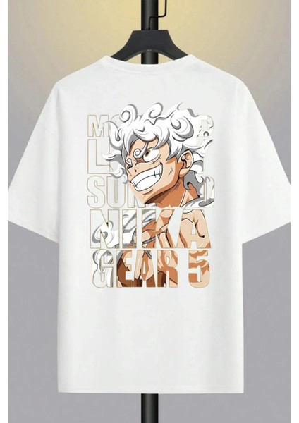 Unisex Oversize One Piece Monkey Nika Gear Anime Baskılı Bisiklet Yaka T-Shirt