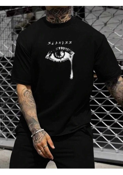 Sadness Baskılı Bisiklet Yaka Oversize Siyah Tişört