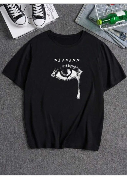 Sadness Baskılı Bisiklet Yaka Oversize Siyah Tişört fiyatları