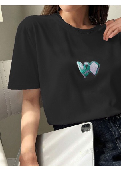 Kadın Füme Çift Kalp Baskılı Oversize T-Shirt