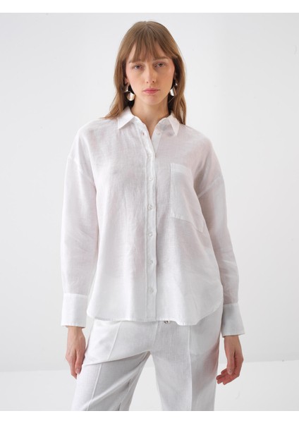 Kadın Beyaz Oversize Keten Basic Gömlek