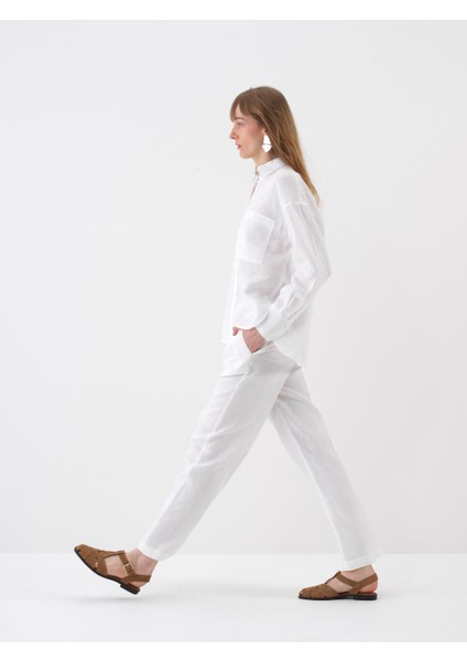 Kadın Beyaz Oversize Keten Basic Gömlek modelleri