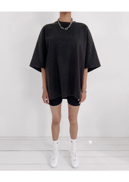 Unisex Siyah Yıkamalı Oversize T-Shirt