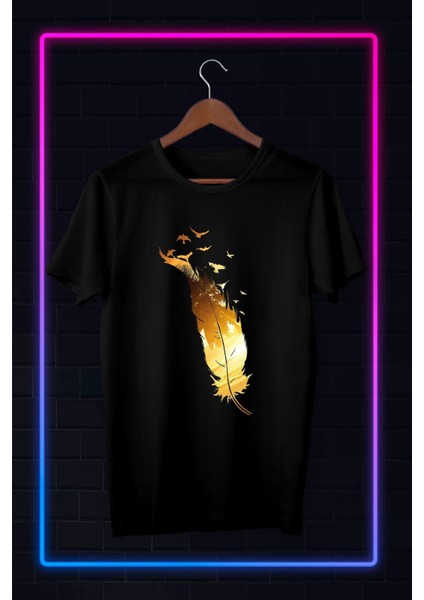 Siyah -Unisex -Feather And Bırd-Illustrasyon Çizim-