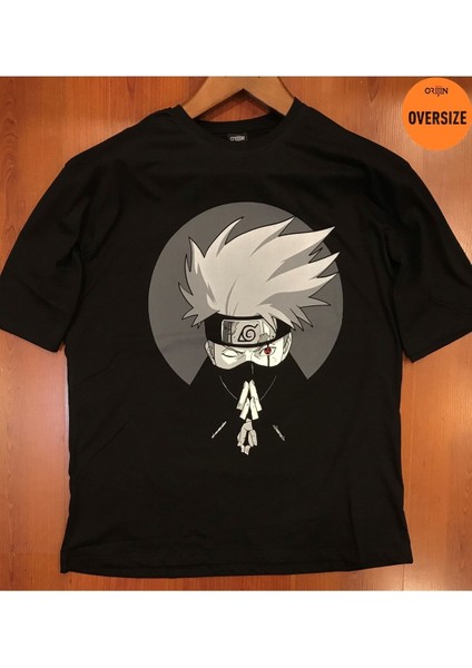 Naruto Kakashi Hatake Baskılı Oversize Siyah Tshirt