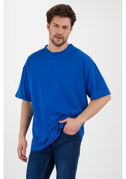 Pamuk Bisiklet Yaka Saks Mavi Oversize T-Shirt fiyatları